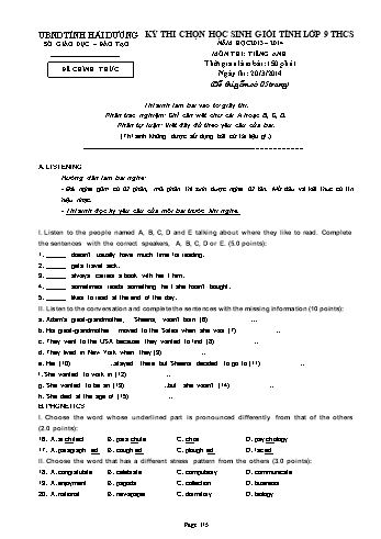 Đề thi chọn học sinh giỏi môn Tiếng Anh Lớp 9 THCS cấp Tỉnh - Năm học 2013-2014 - Sở GD&ĐT Hải Dương (Kèm đáp án)