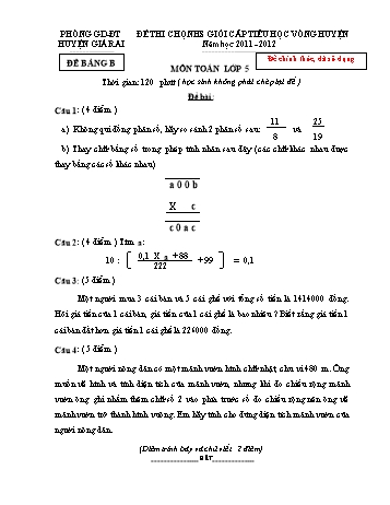 Đề thi chọn học sinh giỏi vòng Huyện môn Toán Lớp 5 - Đề bảng B - Phòng GD&ĐT Huyện Giá Rai (Có đáp án)