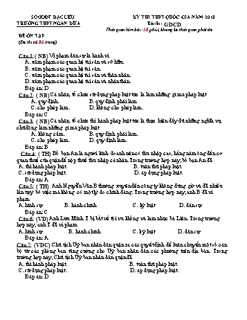 Đề thi THPT Quốc gia năm 2018 môn Giáo dục công dân - Trường THPT Ngan Dừa (Có đáp án)