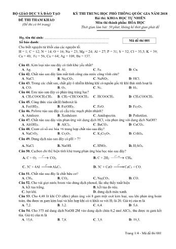 Đề thi THPT Quốc gia năm 2018 môn Hóa học - Đề 001 - Bộ GD&ĐT