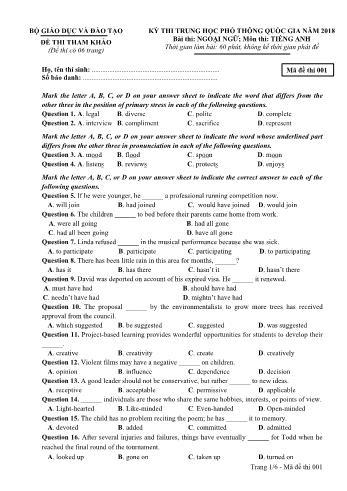 Đề thi THPT Quốc gia năm 2018 môn Tiếng Anh - Đề 001 - Bộ GD&ĐT