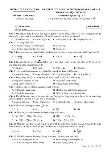 Đề thi THPT Quốc gia năm 2018 môn Vật lí - Đề 001 - Bộ GD&ĐT