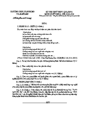 Đề thi thử THPTQG lần 1 môn Ngữ văn - Đề 01 - Năm học 2018-2019 - Trường THPT Tân Phong