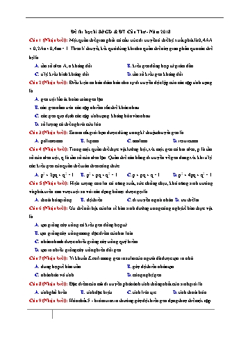 Đề thi thử THPTQG năm 2018 môn Sinh học - Sở GD&ĐT Cần Thơ (Có đáp án)