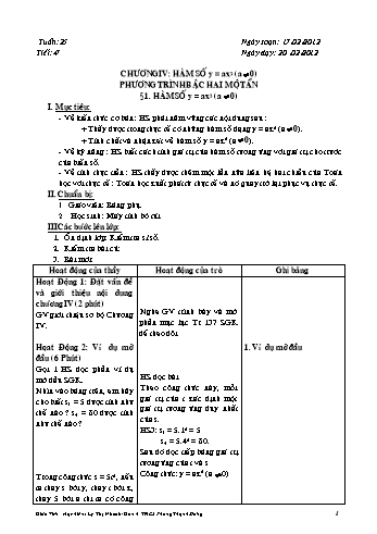 Giáo án Đại số 9 - Chương IV: Hàm số y = ax2 (a≠0). Phương trình bậc hai một ẩn - Tiết 47, Bài 1: Hàm số y = ax2 (a≠0) - Lý Thị Nhanh