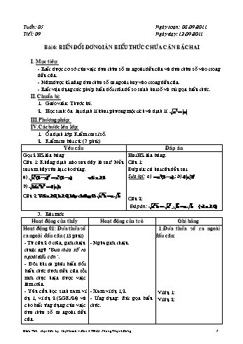 Giáo án Đại số Lớp 9 - Tiết 9, Bài 6: Biến đổi đơn giản biểu thức chứa căn bậc hai - Lý Thị Nhanh