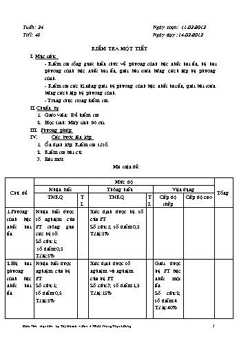 Giáo án Đại số Lớp 9 - Tuần 24, Tiết 46: Kiểm tra một tiết - Lý Thị Nhanh