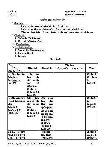 Giáo án Đại số Lớp 9 - Tuần 9, Tiết 17: Kiểm tra một tiết - Lý Thị Nhanh