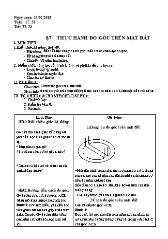 Giáo án Hình học Lớp 6 - Tuần 27 đến 31 - Năm học 2018-2019