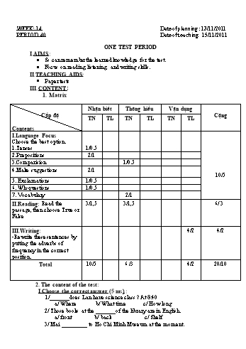 Giáo án Tiếng Anh Lớp 7 - Tuần 14