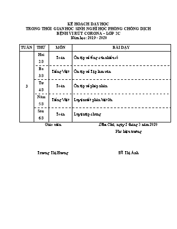 Kế hoạch bài dạy môn Toán + Tiếng Việt Lớp 2 - Năm học 2019-2020 - Trương Thị Hương