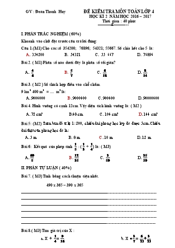 Đề kiểm tra học kì 2 môn Toán Lớp 4 - Năm học 2016-2017 - Đoàn Thanh Huy (Có đáp án)