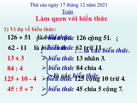 Bài giảng Toán 3 - Bài: Làm quen với biểu thức - Năm học 2021-2022