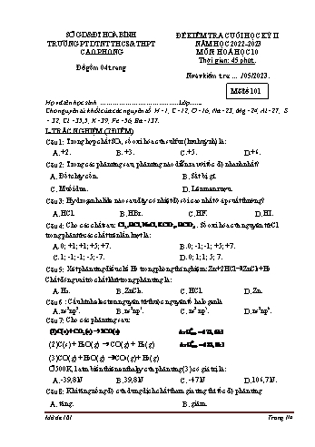 Đề kiểm tra cuối học kì II Hóa học 10 - Mã đề 101 - Năm học 2022-2023 - Trường THPT Cao Phong