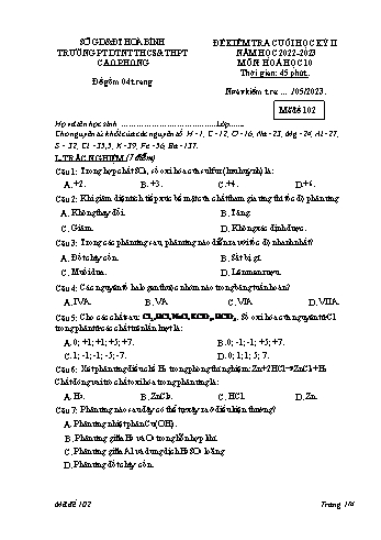 Đề kiểm tra cuối học kì II Hóa học 10 - Mã đề 102 - Năm học 2022-2023 - Trường THPT Cao Phong