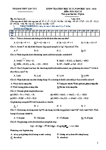 Đề kiểm tra cuối học kì II Hóa học 10 - Năm học 2022-2023 - Trường THPT Sơn Tây (Có đáp án)