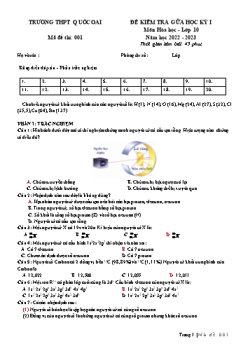 Đề kiểm tra giữa học kì 1 Hóa học 10 - Mã đề 001 - Năm học 2022-2023 - Trường THPT Quốc Oai (Có đáp án)
