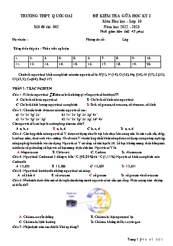 Đề kiểm tra giữa học kì 1 Hóa học 10 - Mã đề 002 - Năm học 2022-2023 - Trường THPT Quốc Oai (Có đáp án)