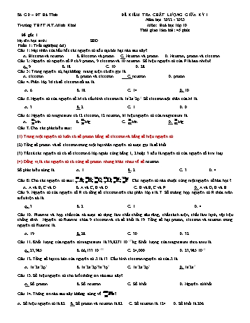 Đề kiểm tra giữa học kì I Hóa học 10 - Đề 1+2 - Năm học 2022-2023 - Trường THPT N.T.Minh Khai (Có đáp án)