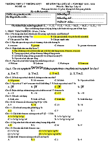 Đề kiểm tra giữa kì 1 Hóa học 10 - Mã đề 101 - Năm học 2022-2023 - Trường THPT Lý Thường Kiệt (Có đáp án + Ma trận)