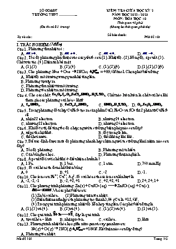 Đề kiểm tra giữa kì 2 Hóa học 10 - Mã đề 101 - Năm học 2022-2023 (Có đáp án)
