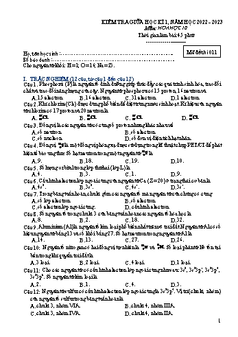 Đề kiểm tra giữa kì I Hóa học 10 - Mã đề 011 - Năm học 2022-2023 - Mai Hương