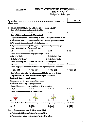 Đề kiểm tra thử giữa kì I Hóa học 10 - Đề số 07+08 - Năm học 2022-2023