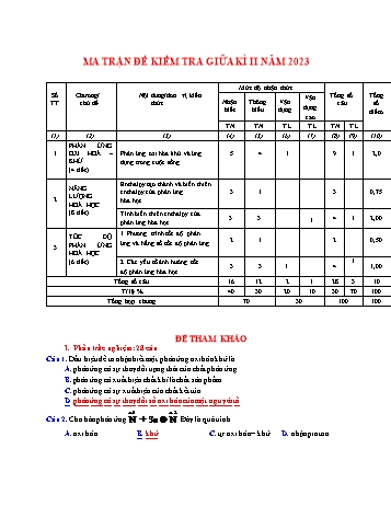 Đề tham khảo giữa học kì II Hóa học 10 - Kim Thoa (Có đáp án + Ma trận)
