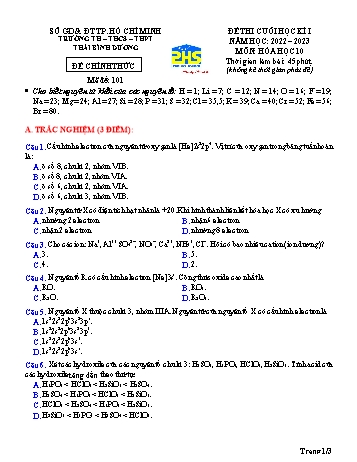 Đề thi cuối học kì I Hóa học 10 - Mã đề 101 - Năm học 2022-2023 - Trường THPT Thái Bình Dương (Có đáp án)