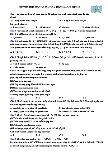 Đề thi thử học kì II Hóa học 10 - Mã đề 910+109