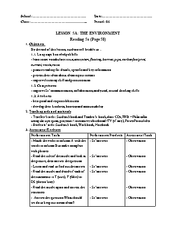 Kế hoạch bài dạy Tiếng Anh 10 (Bright) - Tiết 56, Bài 5: The environment, Reading