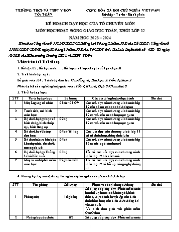 Kế hoạch dạy học Toán 12 - Năm học 2023-2024 - Trường THPT Y Đôn