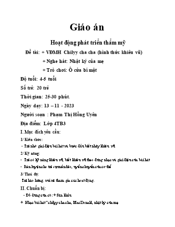 Giáo án Lớp Chồi - Phát triển thẩm mỹ - Nghe hát: Nhật ký của mẹ - Phạm Thị Hồng Uyên