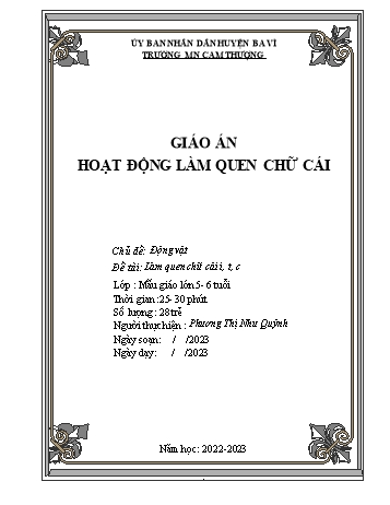 Giáo án Lớp Lá - Chủ đề: Động vật - Làm quen chữ cái i, t, c - Năm học 2022-2023 - Phương Thị Như Quỳnh