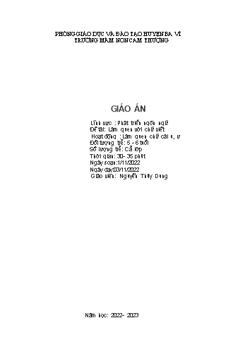 Giáo án Lớp Lá - Phát triển ngôn ngữ - Đề tài: Làm quen chữ viết - Làm quen chữ cái u, ư - Năm học 2022-2023 - Nguyễn Thùy Dung
